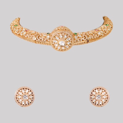 Antique Gold Kundan Choker Belt Necklace Set with Round Stud Earrings