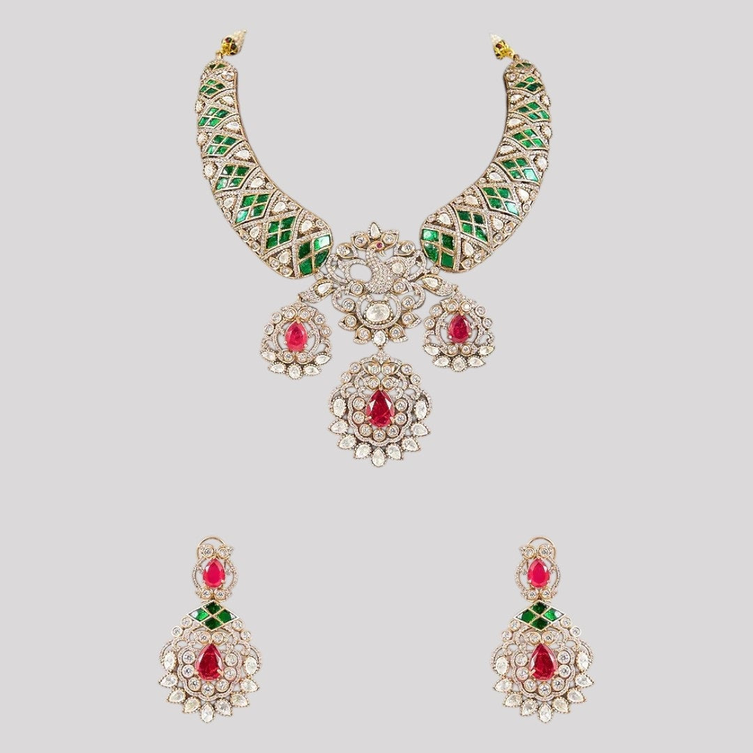 “Traditional bridal necklace set with ruby drops and green detailing for women”