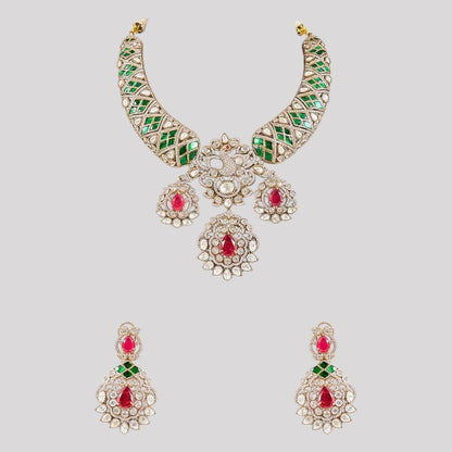 “Traditional bridal necklace set with ruby drops and green detailing for women”
