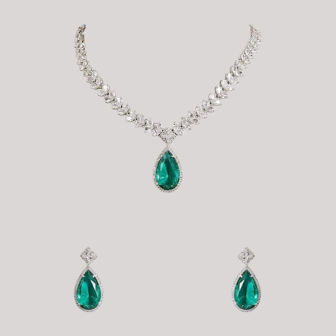Emerald Green Teardrop Necklace Set with Matching Earrings