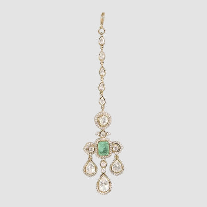Gold-Plated Kundan Maang Tikka with Emerald Center & Pear-Shaped Stones