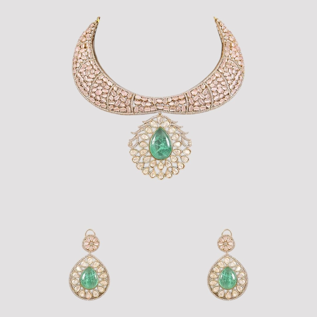 “Gold-plated Kundan choker necklace set with green stone pendant and matching earrings”