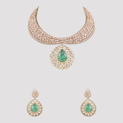 “Gold-plated Kundan choker necklace set with green stone pendant and matching earrings”