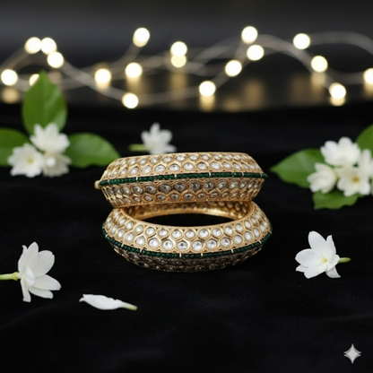 Royal gold-plated Kundan bangles with green stone border – traditional bridal kada set for women