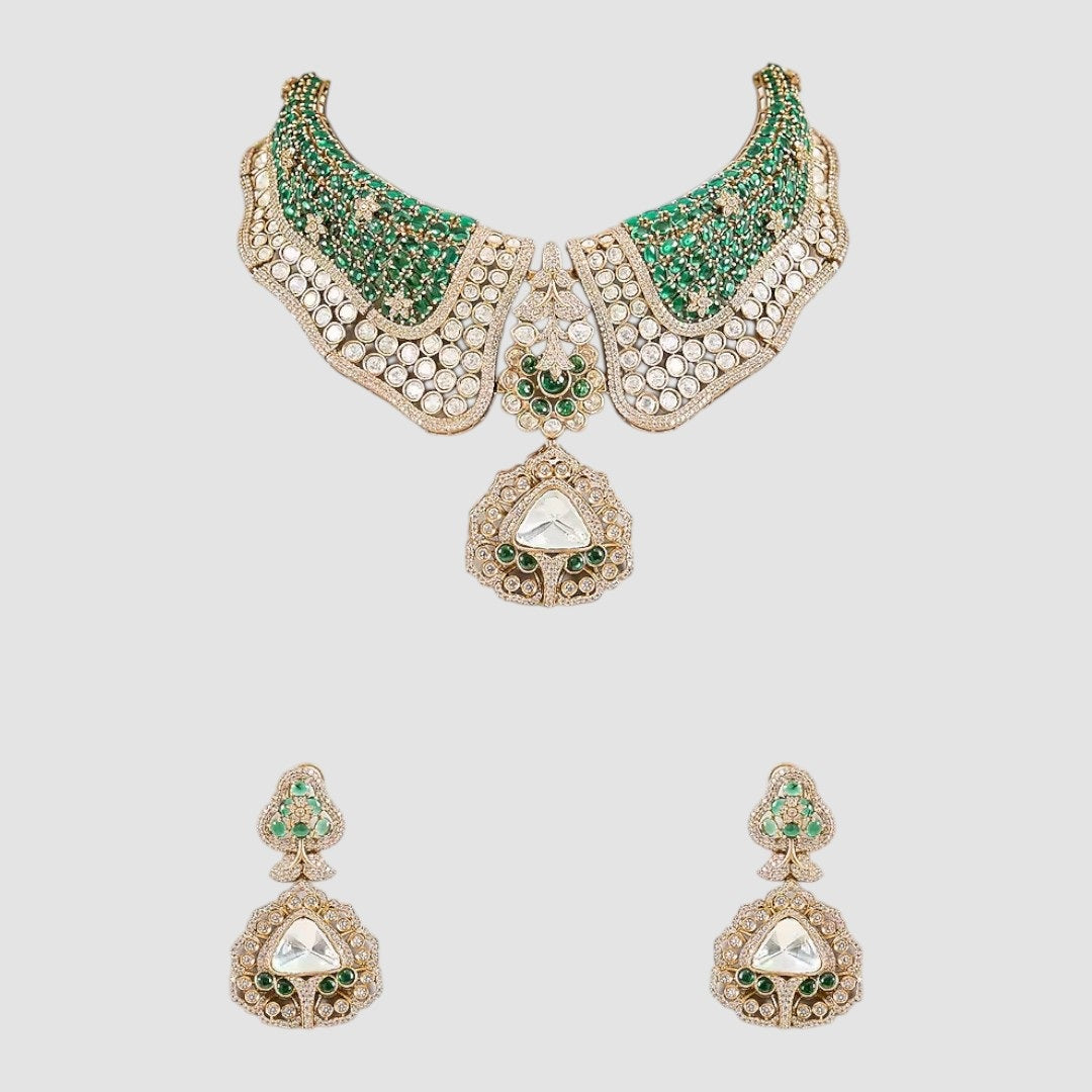 "Green Kundan and Polki bridal necklace set with matching earrings featuring gold-toned detailing and intricate craftsmanship."