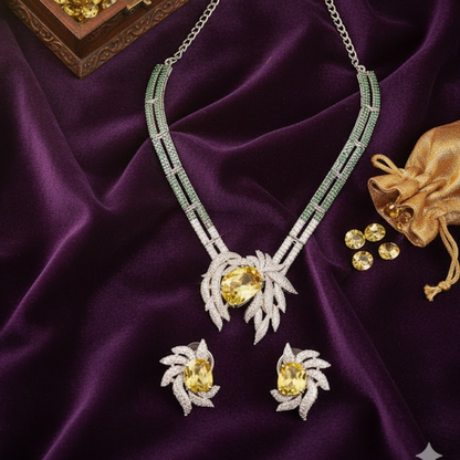 Luxury silver plated necklace set with yellow gemstone and matching earrings