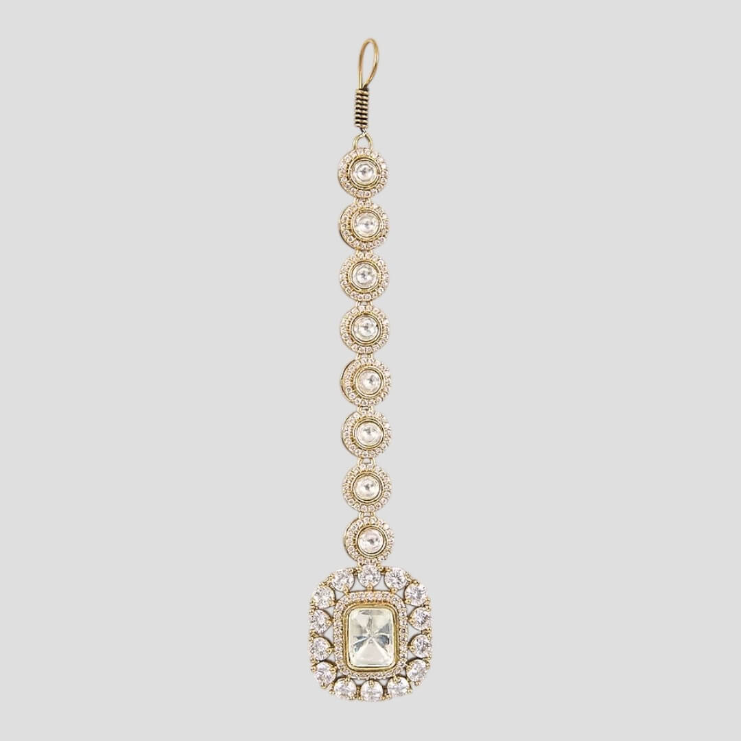 Gold-Plated Kundan Maang Tikka with Round Stone Detailing for Women