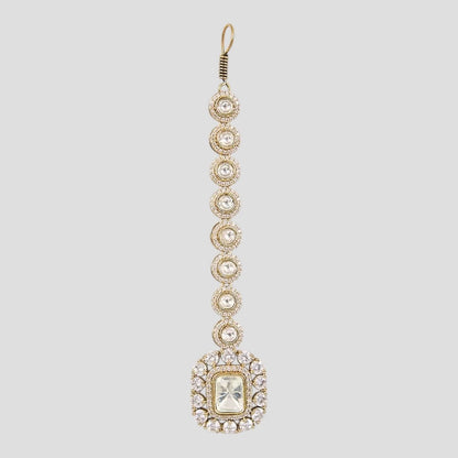 Gold-Plated Kundan Maang Tikka with Round Stone Detailing for Women