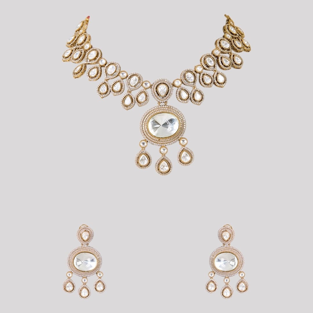 Gold-Toned Kundan Polki Bridal Necklace Set with Matching Earrings