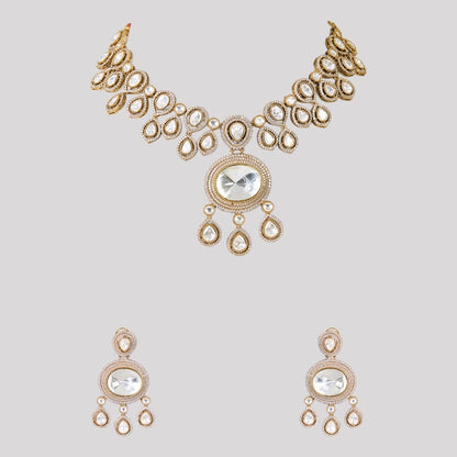 Gold-Toned Kundan Polki Bridal Necklace Set with Matching Earrings