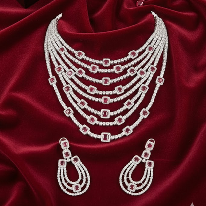 “Luxury multi-layer ruby and diamond choker necklace set with matching earrings for women”
