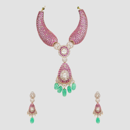Bridal Gold-Plated Pink Stone & Green Bead Kundan Necklace & Earrings Jewellery Set