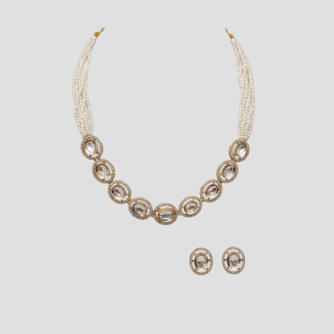 “Gold-plated Kundan choker necklace set with pearl strands and matching stud earrings.”