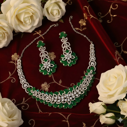 Green Stone Studded Floral Silver Polish Necklace Set with Earrings