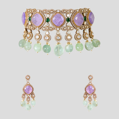 Lavender Stone and Mint Green Beaded Kundan Choker Necklace Set with Earrings