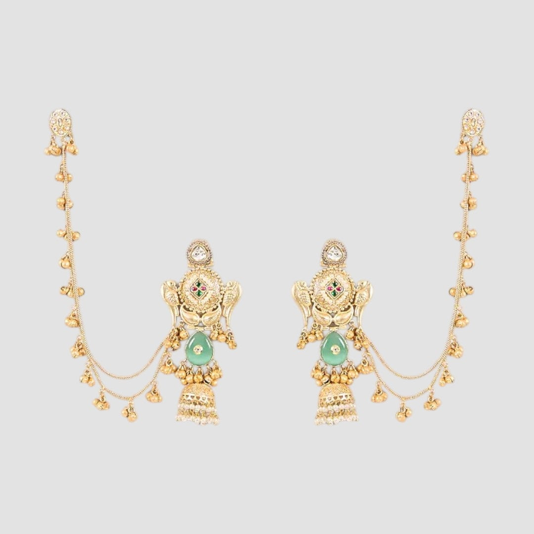 "Pair of gold-plated temple-style earrings featuring Goddess Lakshmi, mint-green stone accents, kundan details, pearl drops, and attached decorative ear chains with golden ghungroo charms."