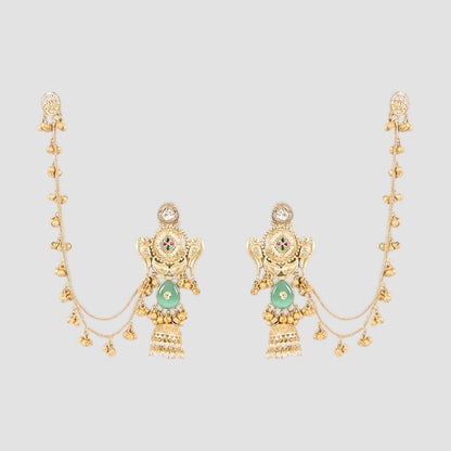 "Pair of gold-plated temple-style earrings featuring Goddess Lakshmi, mint-green stone accents, kundan details, pearl drops, and attached decorative ear chains with golden ghungroo charms."