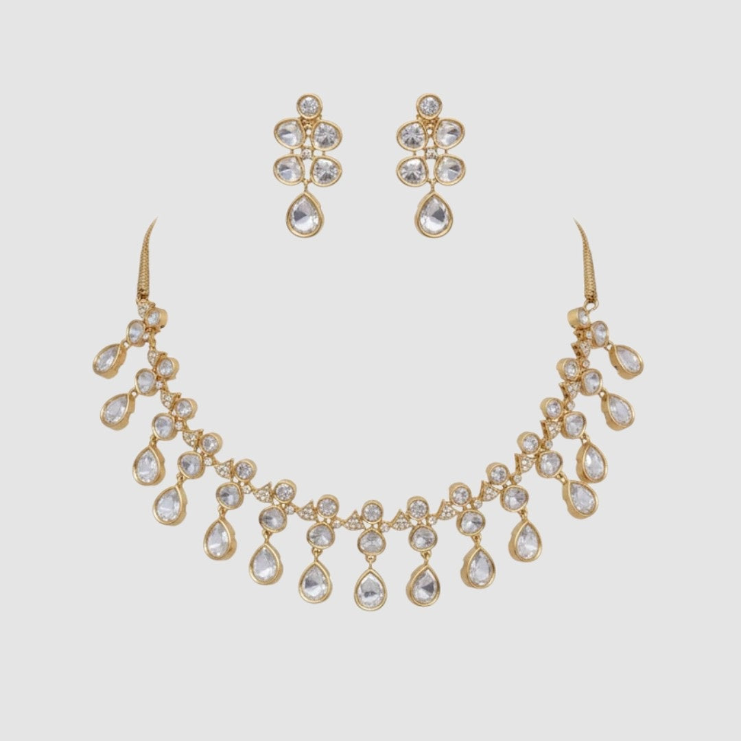 “Gold-plated crystal drop necklace set with matching multi-stone earrings for women.”