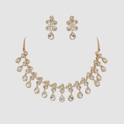 “Gold-plated crystal drop necklace set with matching multi-stone earrings for women.”