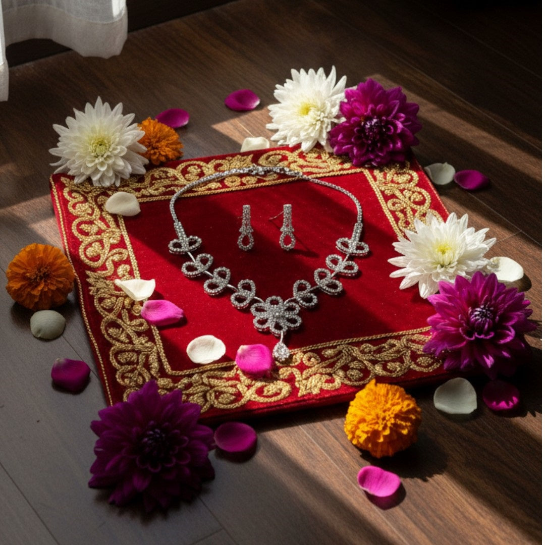 Floral diamond-look necklace set with matching earrings on red display stand