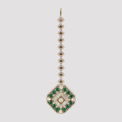 Gold-plated green Kundan maang tikka with diamond-shaped stone chain and octagon pendant
