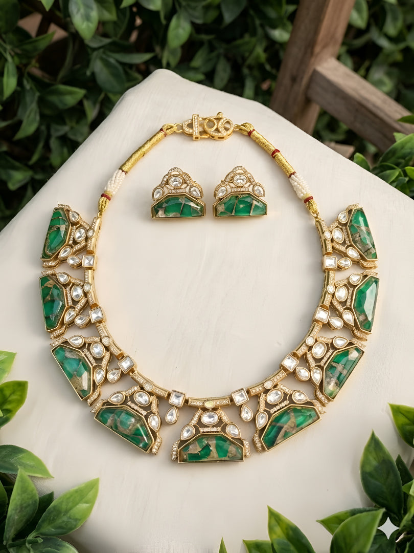 Green stone kundan choker necklace set with matching earrings