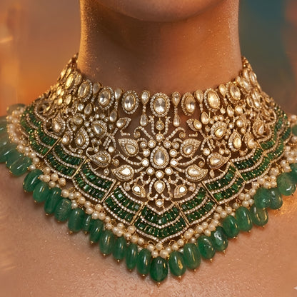 Emerald Green Kundan Bridal Choker Necklace Set with Earrings | Royal Wedding Jewellery