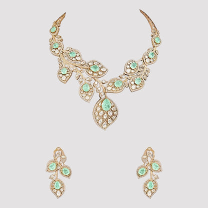 Mint green and white stone leaf-design necklace set with matching earrings.