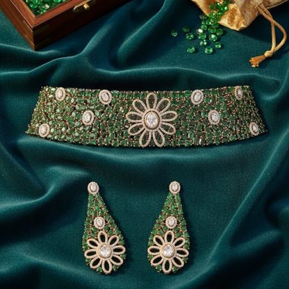 Green Kundan and CZ Stone Floral Choker Necklace Set with Matching Earrings for Women