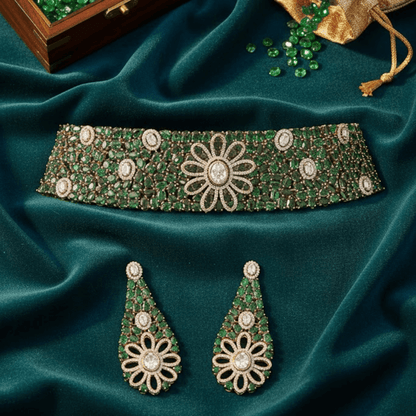 Green Kundan & CZ Stone Floral Choker Necklace Set for Women