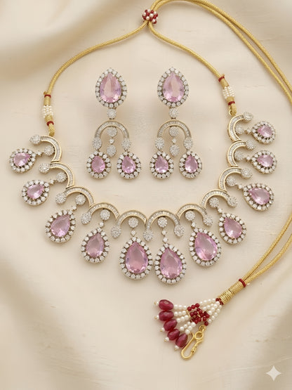 Pink stone kundan necklace set with matching chandelier earrings