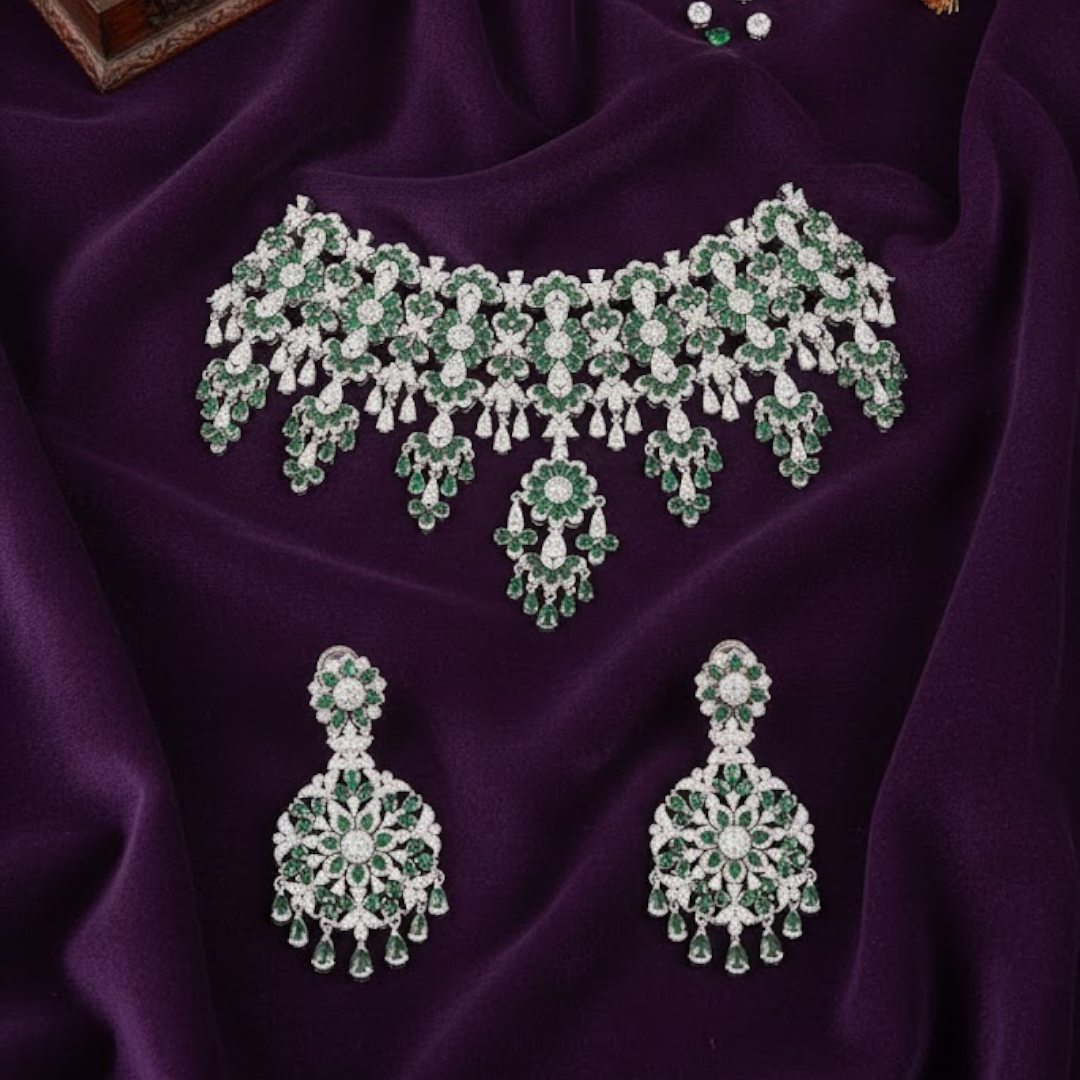 Luxury silver plated choker necklace set with emerald green stones and matching earrings