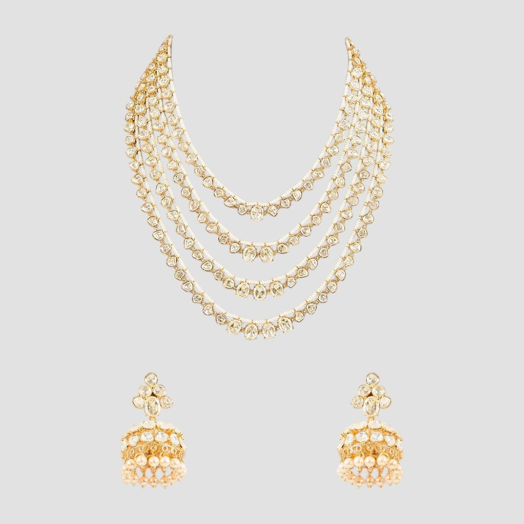 Gold-plated multi-layered Kundan necklace set with matching jhumka earrings”
