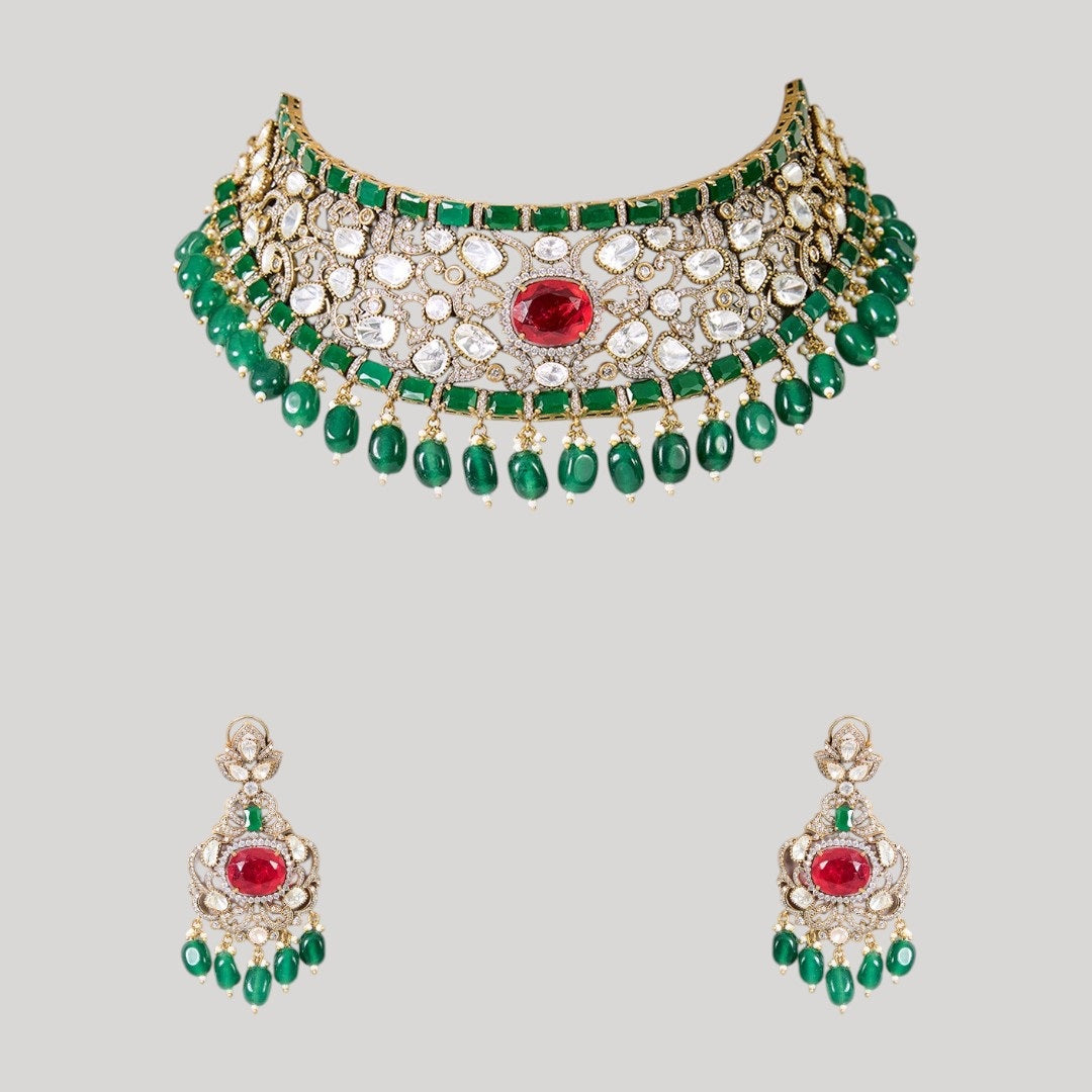 Traditional Green & Red Kundan Choker Necklace Set for Women