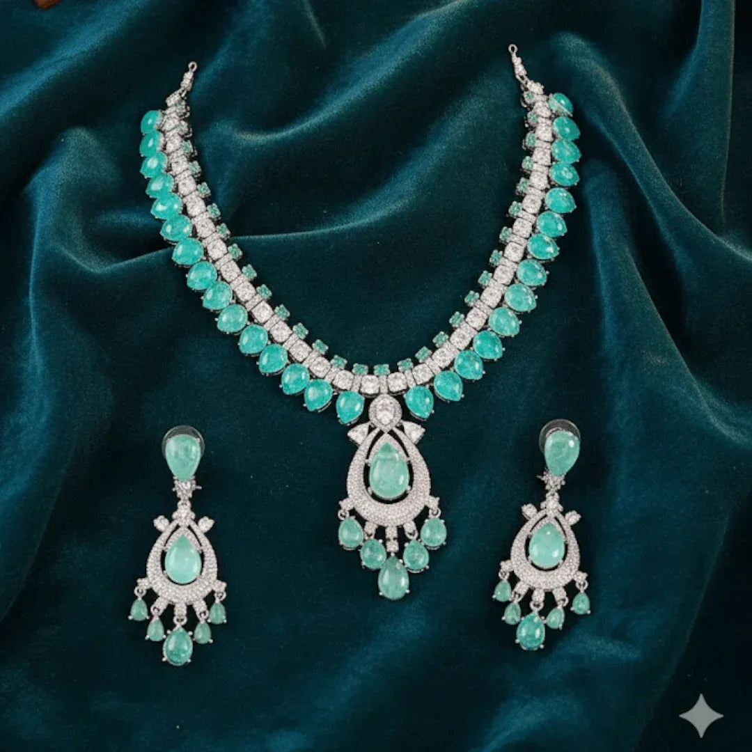 Elegant Silver-Toned Green Stone Necklace Set with Matching Earrings for Women - Auraa Trends