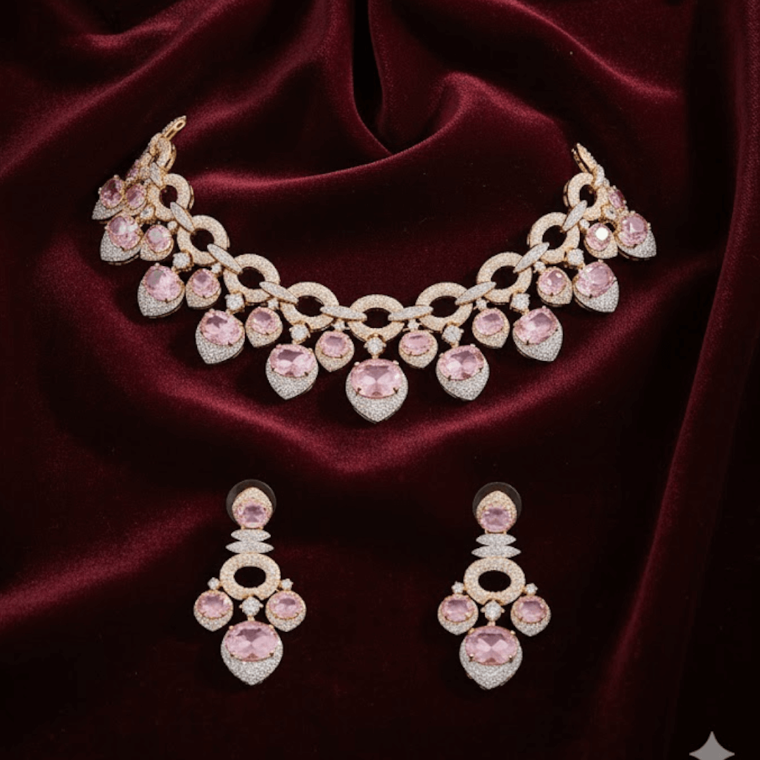 Pink CZ & Gold-Plated Stone-Studded Choker Necklace Set for Women