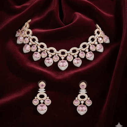 Pink CZ & Gold-Plated Stone-Studded Choker Necklace Set for Women