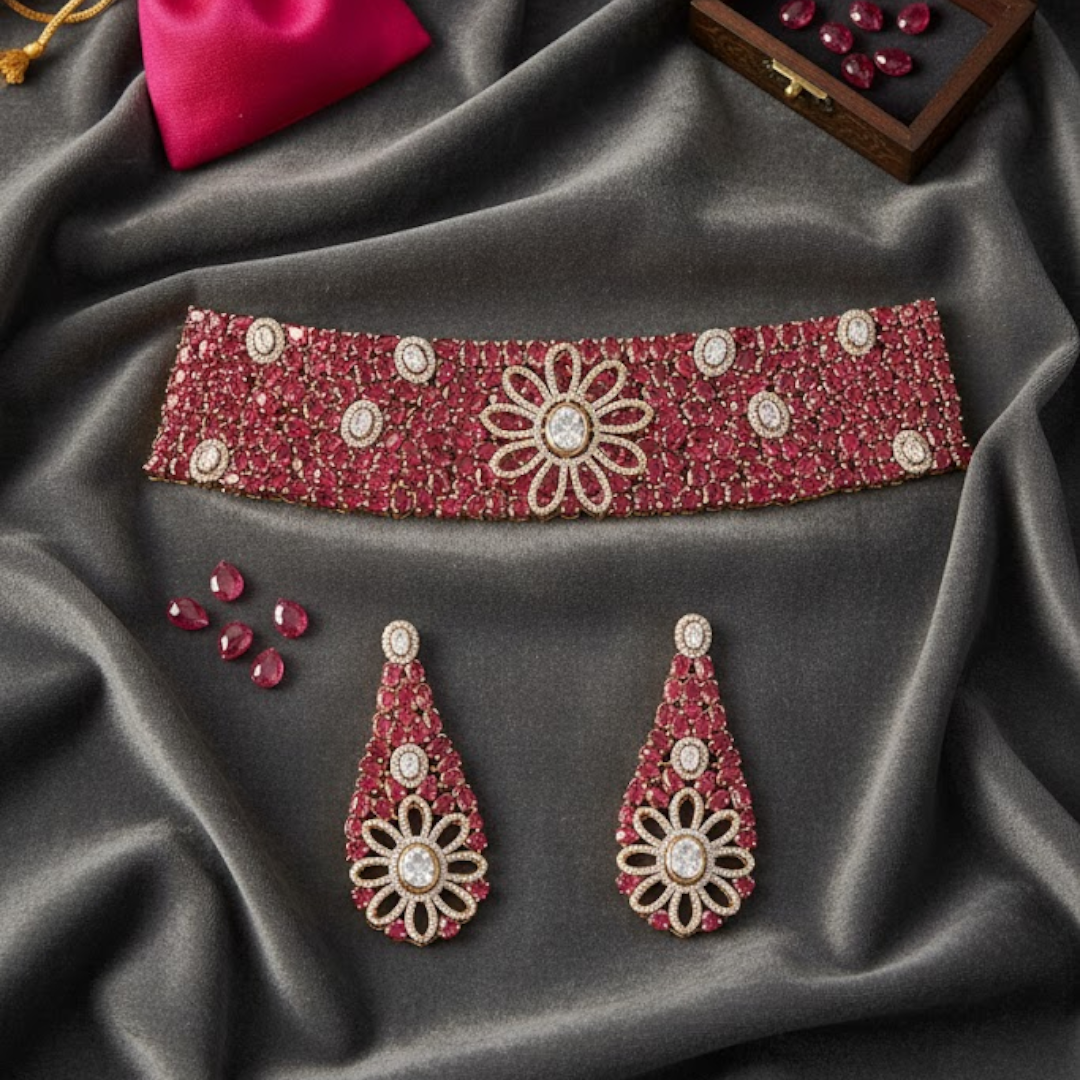 Gold-plated ruby and diamond floral choker necklace set with matching earrings – luxury bridal jewelry for women
