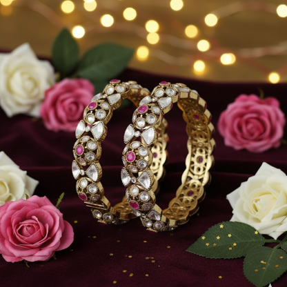 Royal Kundan and ruby gold-plated bangles with white stones – traditional bridal kada set for women