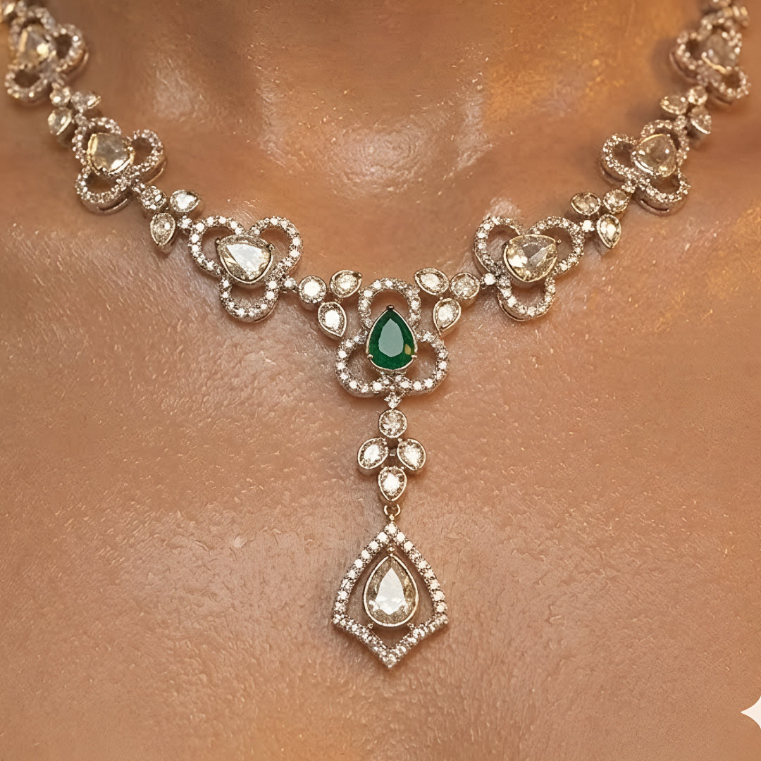 Gold-Plated Green Stone & American Diamond Necklace Set with Matching Drop Earrings for Women