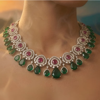 Emerald Green & Ruby Stone Diamond Finish Necklace Set with Earrings | Luxury Bridal Jewellery