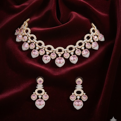 Pink CZ and Gold-Plated Stone Choker Necklace Set with Matching Earrings for Women