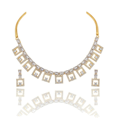 "Gold-plated American diamond necklace set with geometric square design and matching earrings on red display stand"