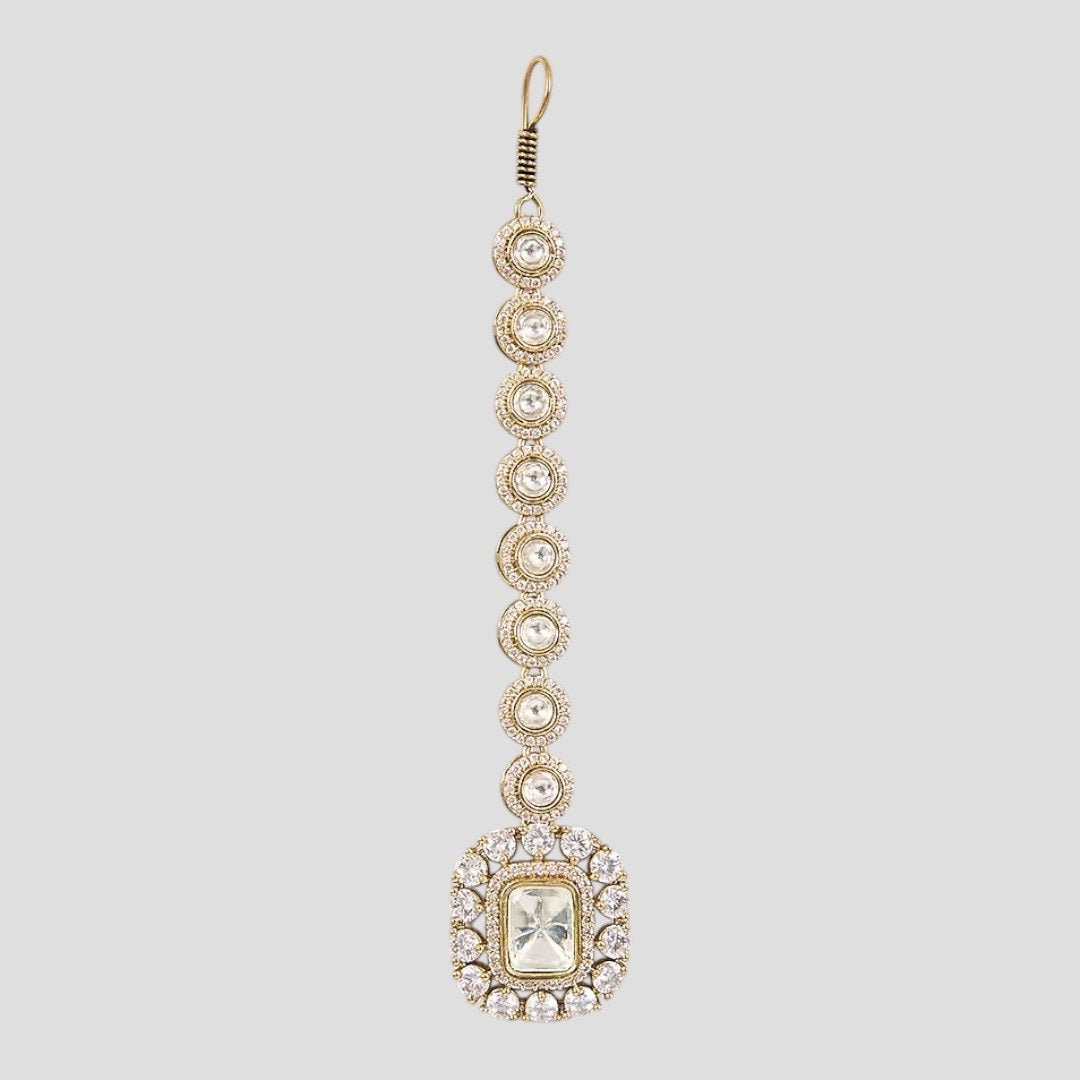 Gold-Plated Kundan Maang Tikka with Round Stone Detailing for Women