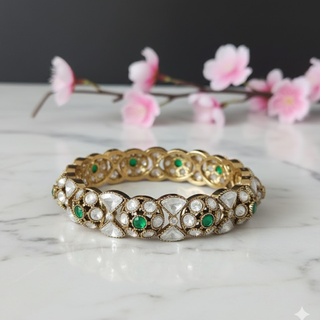 Gold plated Kundan bangles with green stones – bridal and festive jewelry set for women