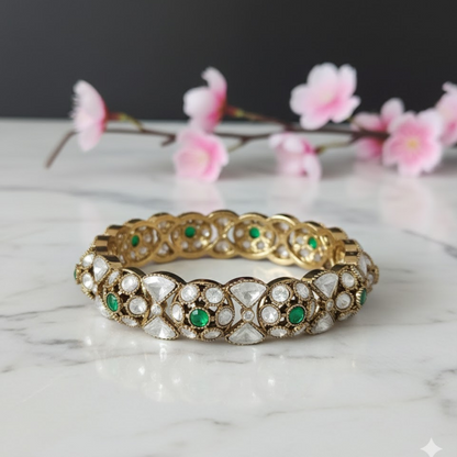 Gold plated Kundan bangles with green stones – bridal and festive jewelry set for women