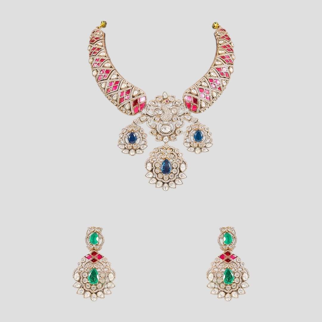 Premium Gold-Plated Kundan Necklace Set with Pink, Blue & Green Stones for Women