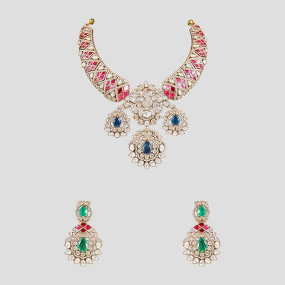 Premium Gold-Plated Kundan Necklace Set with Pink, Blue & Green Stones for Women