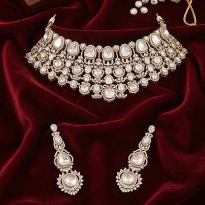 “Traditional gold kundan choker necklace set with matching long earrings for women”