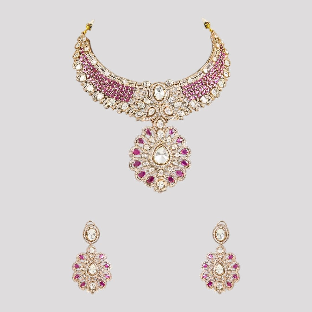 Exquisite pink and white stone-studded necklace set with matching earrings.